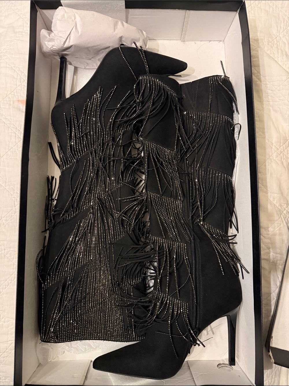 INC International Concepts Black Fringe Stiletto Boots with Crystal Accents
